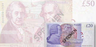 Some Bank of England paper notes are ticking at the Bank of England clock.