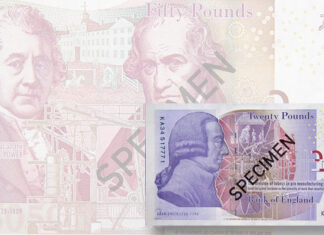 Some Bank of England paper notes are ticking at the Bank of England clock.