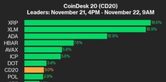 XRP Price Soars 19.6% in CoinDesk 20 Performance Update news-22112024-200647